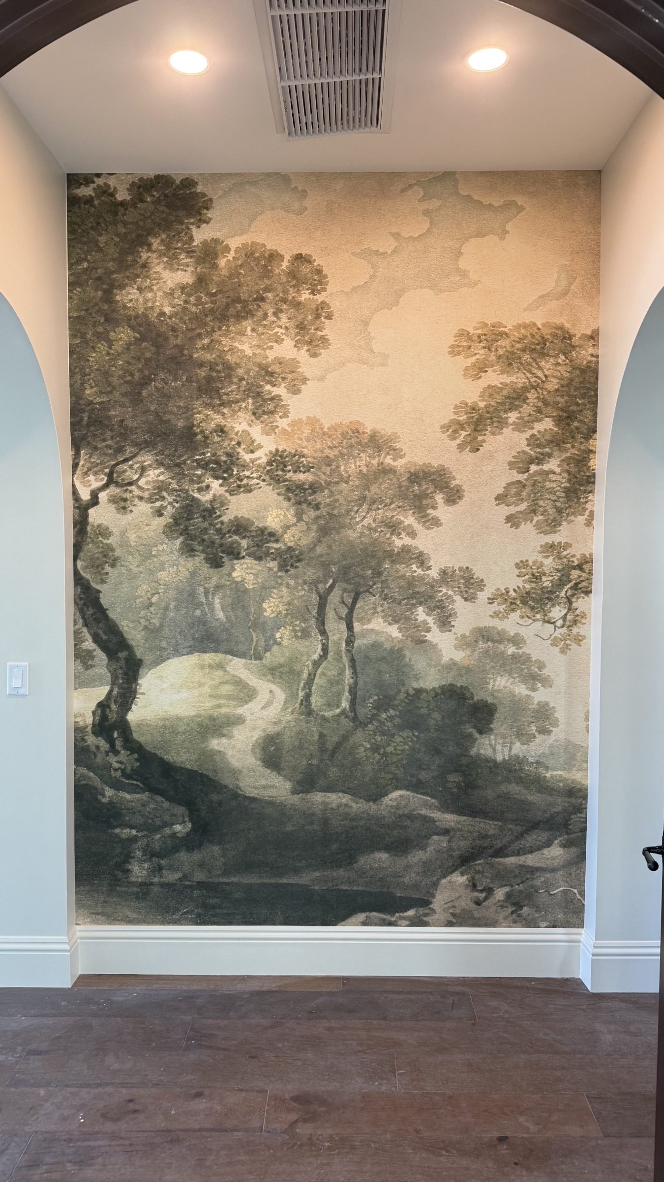 Custom scenic wall mural aligned around architectural openings
